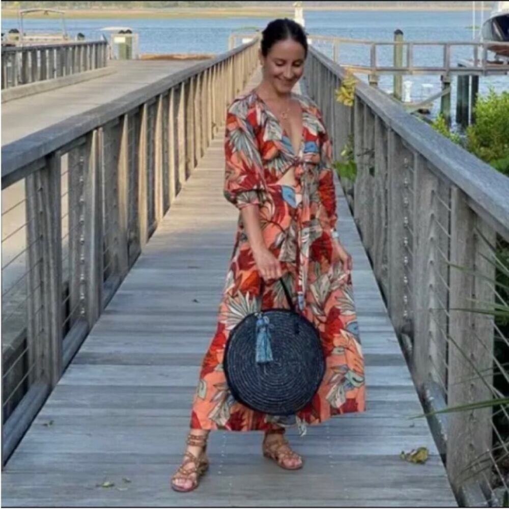 Nicholas Asilah floral linen long sleeve cutout tie midi dress 10
